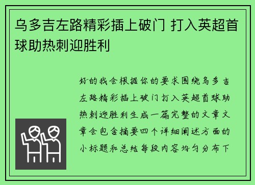 乌多吉左路精彩插上破门 打入英超首球助热刺迎胜利 乌多吉左路精彩插上破门 打入英超首球助热刺迎胜利