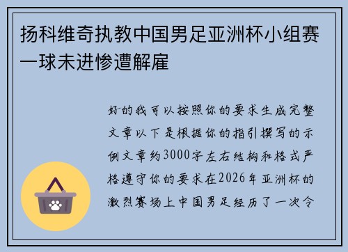 扬科维奇执教中国男足亚洲杯小组赛一球未进惨遭解雇