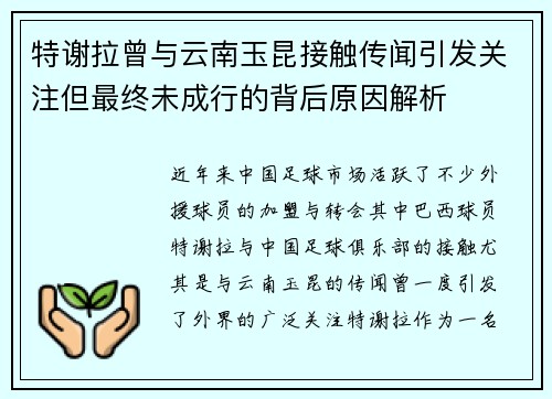 特谢拉曾与云南玉昆接触传闻引发关注但最终未成行的背后原因解析